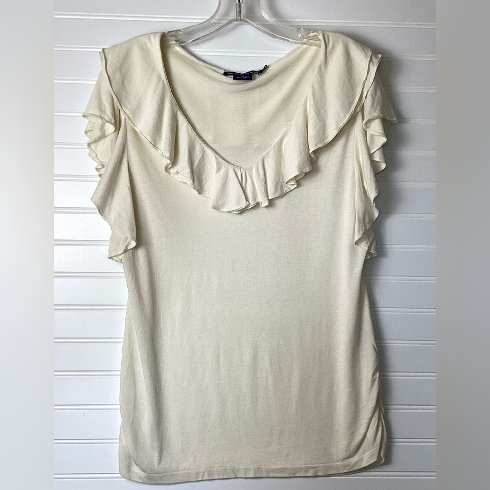 Ralph Lauren Sport Cream Ruffled V-Neck & sleeves Blouse Shirt XL Pima Cotton